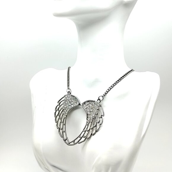 Rhinestone Angel Wing Open Heart Necklace Silver Tone Statement Pendant Chain - Picture 14 of 16